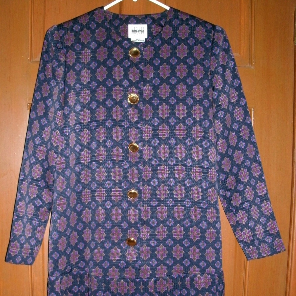 Vintage 80s Dress Drop Waist 4P Petite Damask Leslie Fay Blue Flapper